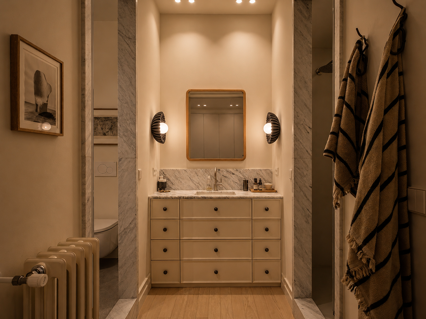 Principal bathroom with marble vanity and timber mirror