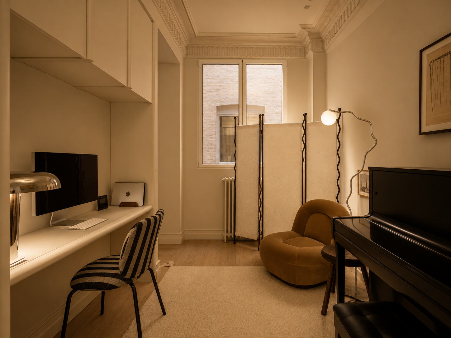 Study with built-in desk, piano and folding screen